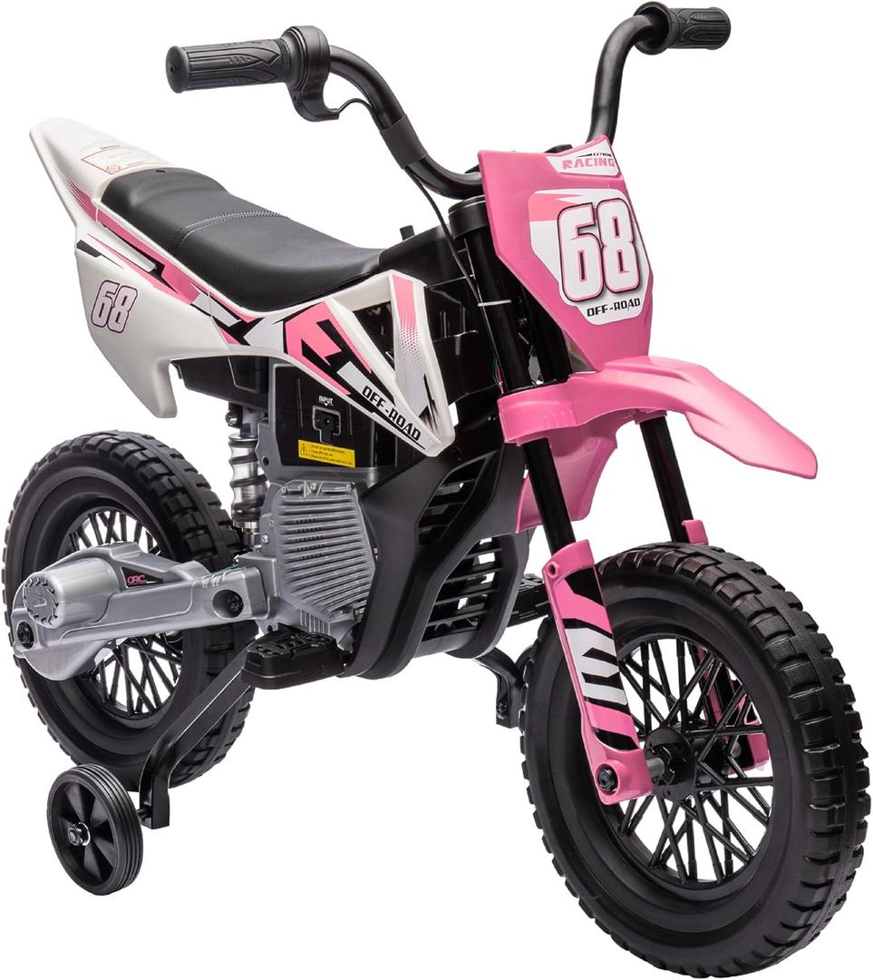 Qaba Kids Dirt Bike with Twist Grip Throttle, 12V Electric Motorcycle, Electric Bike for Toddler with Training Wheels, Rear Suspension & Music, Pink