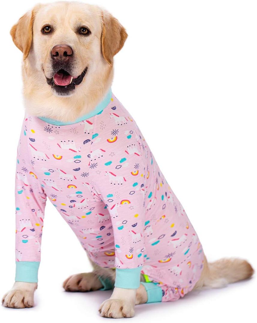 Dog Pajamas Jumpsuit for Medium Large Dogs, Lightweight Dog Pjs Clothes Apparel Onesies, Shirt for Large Size Dogs After Surgery, Full Belly (28 (Chest 26.77'', Back Length 18.11''), Pink Rainbow)
