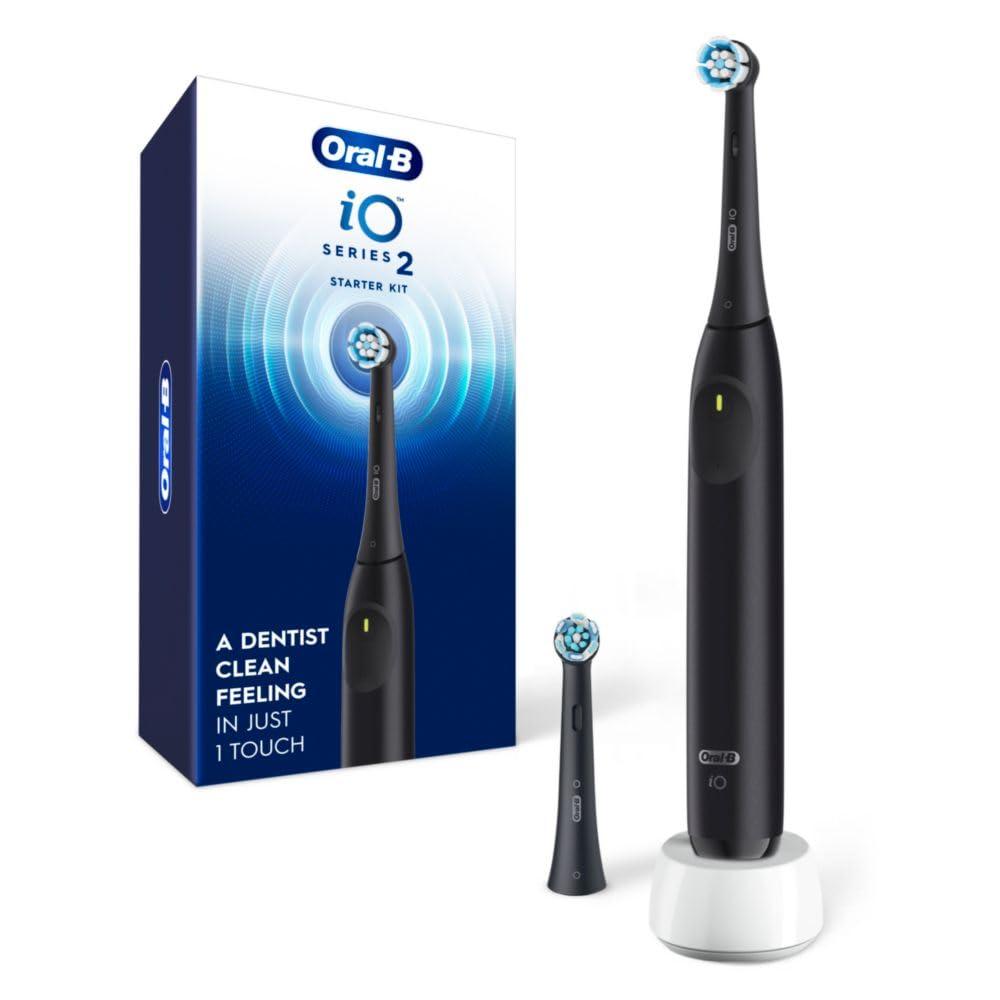 Oral-B Rechargeable Electric Toothbrush, iO2 Starter Kit, 3 Cleaning Modes, Automatic Pressure Sensor to Protect Gums, 2 Brush Heads, Night Black