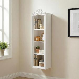 SOFE Vintage White Wall Mount Cabinet 4 Tier with Ornate Crown Top, 32 Inches Tall Small Bookcase, Hanging Rectangular Storage Unit for Living Room, Bathroom