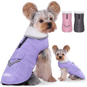 iBuddy Dog Winter Coat for Extra Small Dogs, Easy on XS Dog Snow Jacket Velcro Waterproof Pet Puffer Clothes with Harness Hole Adjustable Reflective Quilted Dog Cold Weather Vest for Girl 8-12 Pounds (Purple)