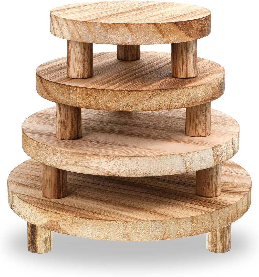 4 Pcs Wooden Risers Display Stands, Round Wood Risers Display Pedestal Stands Mini Tiered Tray Stand Rustic Wood Riser for Home Decor Kitchen Counter (5", 6", 7", 8",Brown)