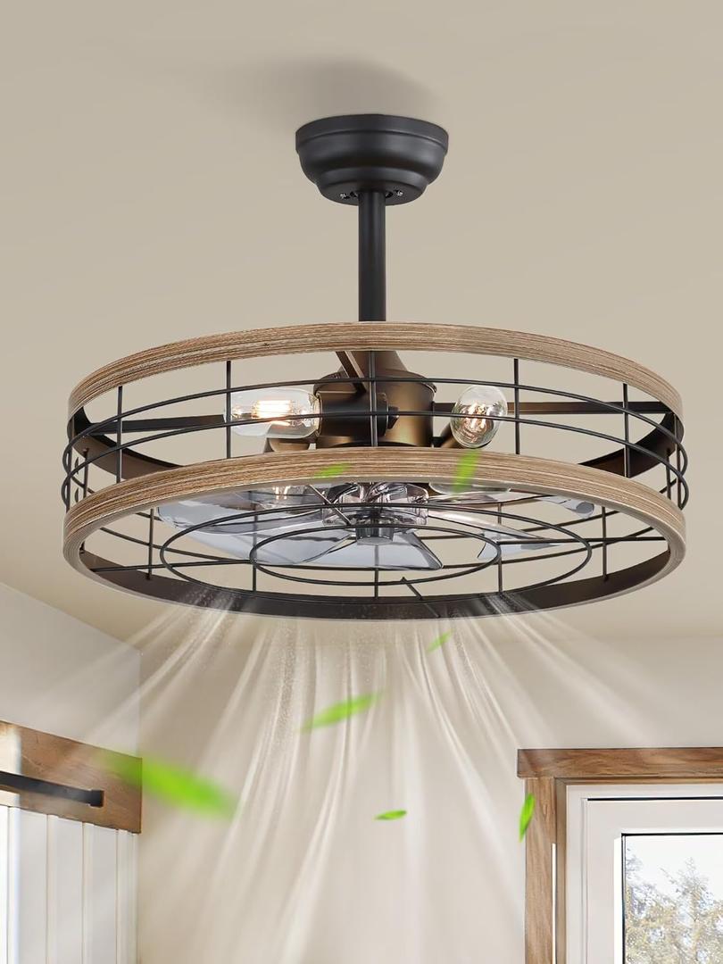 LEDIARY 22 inch Caged Ceiling Fan with Light, Fandelier Industrial Ceiling Fan with Remote, Farmhouse Fan Lights Ceiling Fixtures for Kitchen, Bedroom, Outdoor6 Speed, Timing-Brown
