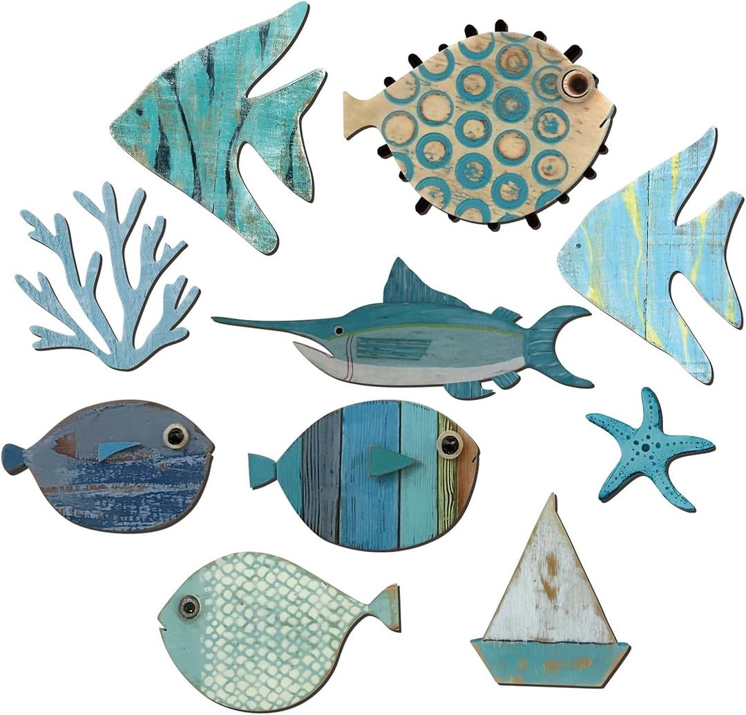 10 Pcs Fish Wall Decor Wood School of Fish Wall Decor Beach Theme Bathroom Decor Wooden Nautical Coastal Pictures Home Hanging Wall Art Gifts, Not 3D Pattern