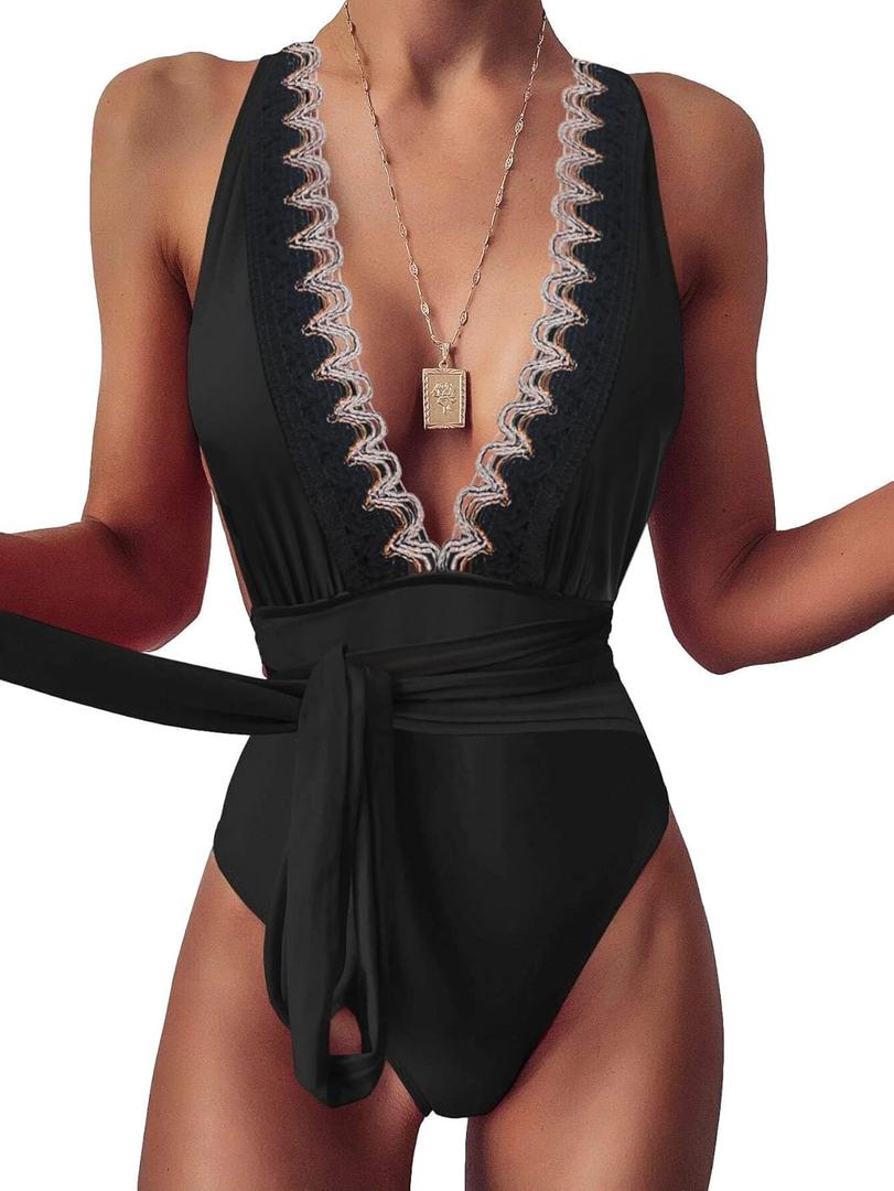 Lilosy Sexy Tie Criss Cross Plunge One Piece Thong Swimsuit High Cut Brazilian Bathing Suit (Black, M)