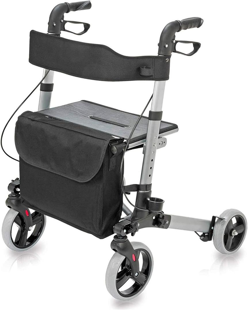 HealthSmart Walker Rollator with Seat and Backrest, Adjustable Handle Height, FSA HSA Eligible, Removable Storage Bag and a Durable Lightweight Frame That Folds While Supporting up to 300 pounds