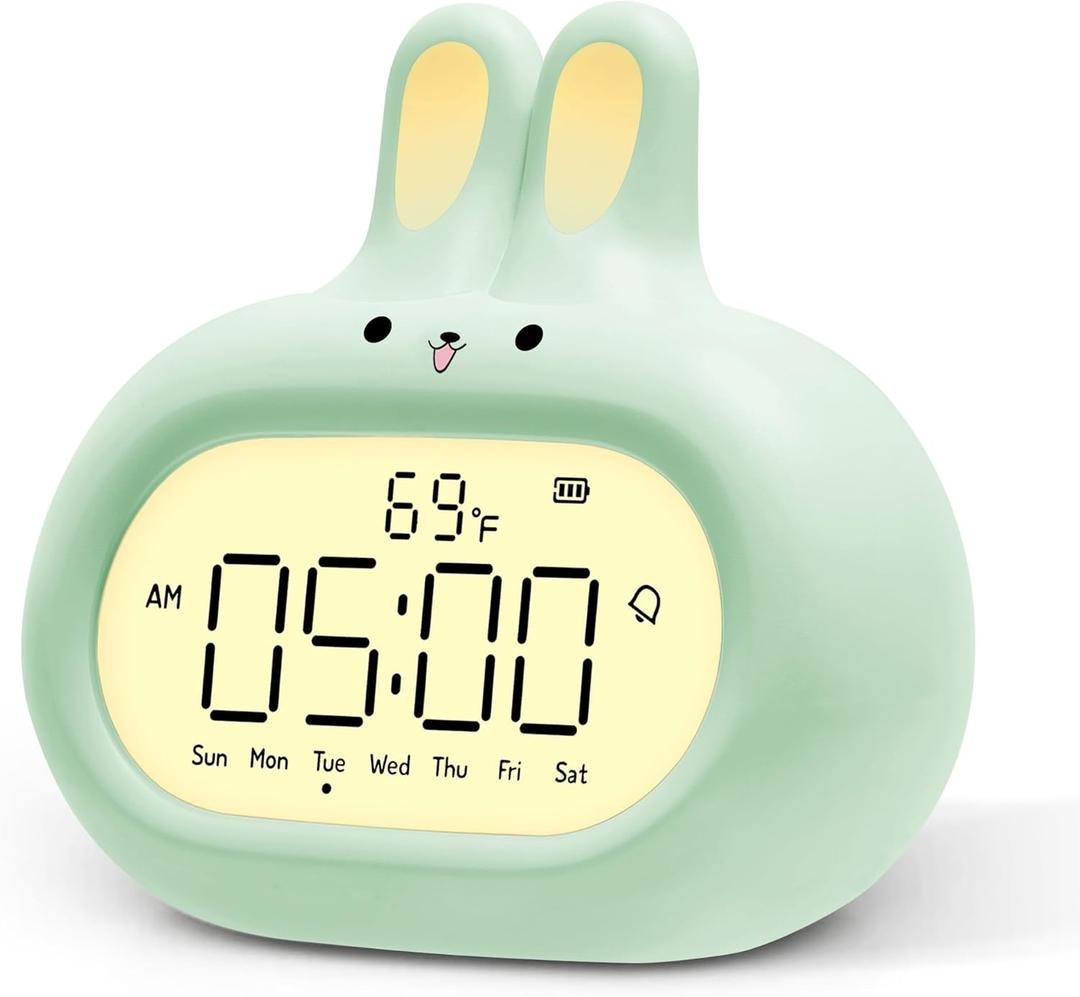 Rabbit Digital Alarm Clock with Day of Week Display, Cute Design Bunny Look, Easy Setting, Snooze, Night Light, Thermometer, Rechargeable, Kawaii Decor for Bedroom, Bedside, Adult, Kid, Gift, Green