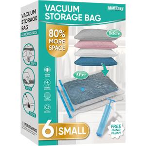 Space Saver Vacuum Storage Bags, 6 Pack Space Saver Bags with Pump, Storage Vacuum Sealed Bags for Clothes, Comforters, Blankets, Bedding (6 Small)