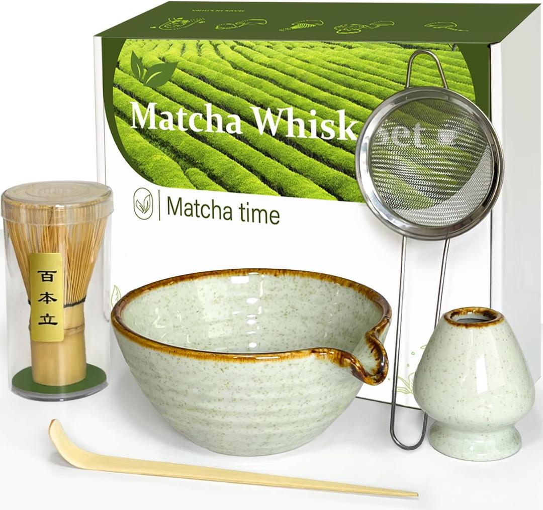 Matcha Whisk Set with Matcha Bowl, Matcha Whisk Holder Matcha Bamboo Whisks, Scoop, Sifter, Funny Gifts for Women Mom Her Girl Friend Home Kitchen Decor Gifts for Tea Enthusiasts Christmas
