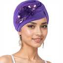 SJTYDX 3Pcs Flower Turban Hats for Women Solid Headwear Ruffle Pre Tied Beanie Hijab Undercap Chemo Cancer Hair Wrap Caps