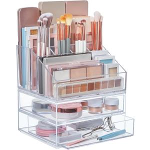 STORi Chloe Stackable Makeup Holder & Drawer Organizer Set, Clear, BPA-Free Plastic, Made in USA, Organize Brushes, Cosmetics & Beauty Essentials