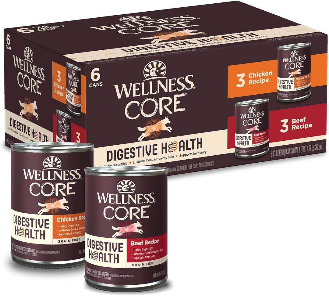 Wellness CORE Digestive Health Chicken & Beef Pate Variety Pack Grain Free Wet Dog Food, 13 Ounce Can (Pack of 6) (EXP 04/07/28)