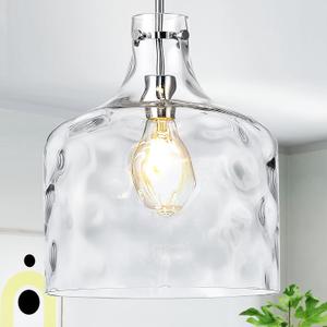 Extra Large 16" Vintage Farmhouse Pendant Light  Hand-Blown Clear Hammered Glass Shade, Adjustable Chain Hanging Light for Kitchen Island, Hallway, Dining Room, Chrome