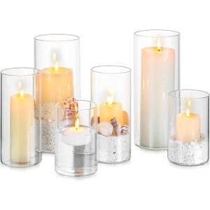 Glasseam Hurricane Glass Candle Holders: 6 Pcs Clear Cylinder Vases for Centerpieces Large Pillar Candle Holder for Floating Candles Set Modern Home Decor Wedding Table 5.3'' 7.3'' 9.5'' Height