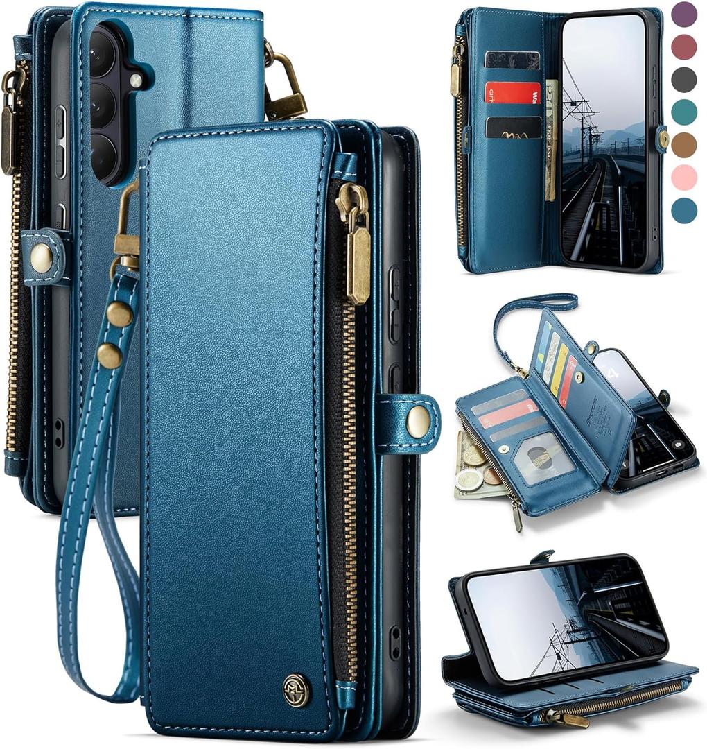 Defencase for Galaxy S26 Case Wallet with RFID Blocking Card Holder for Women Men, Elegant PU Leather Magnetic Snap Flip Wristlet Strap Zipper Wallet Phone Cases for Samsung Galaxy S26 5G 6.3", Blue