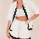 Shy Velvet Lounge Sets for Women Two Piece Sets Summer Pajama Sets Linen Cotton Vacation Outfits With Stylish Ric Rac Trim (L)