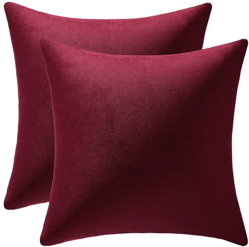 DEZENE Throw Pillow Covers 18x18 Burgundy: 2 Pack Cozy Soft Velvet Square Decorative Pillow Cases for Farmhouse Home Decor