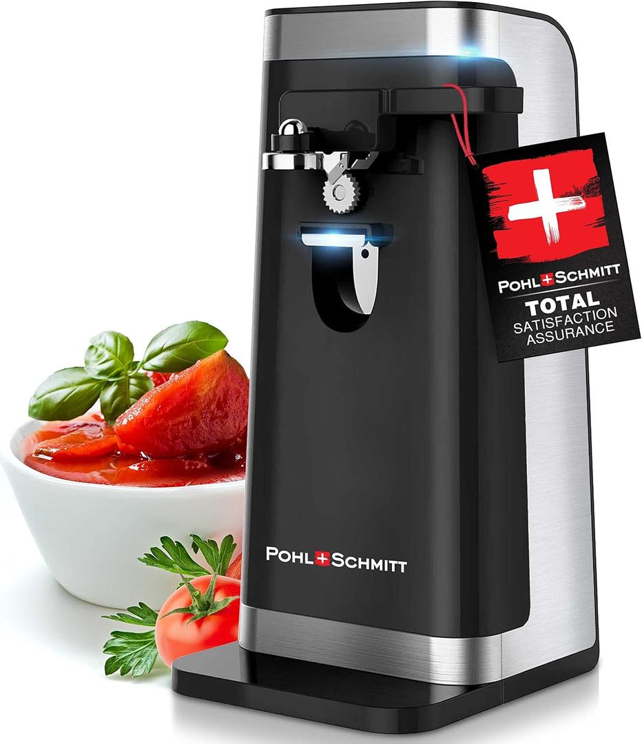 POHL SCHMITT Electric Can Opener, Easy Push Down Lever, Knife Sharpener, Bottle Opener & Built-In Cord Storage, Opens All Standard-Size and Pop-Top Cans, Black