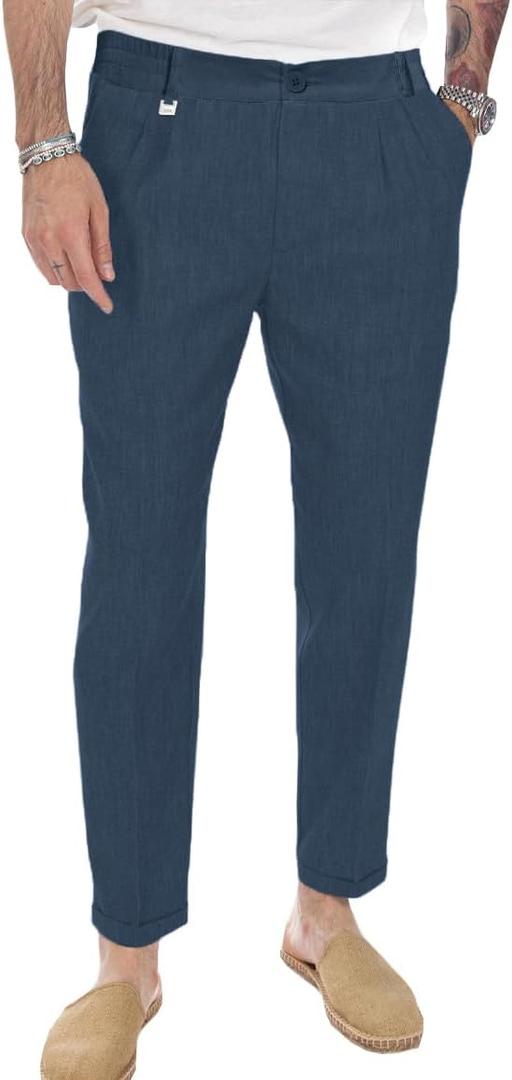 Beotyshow Mens Linen Pants Casual Elastic Waist Trousers Summer Beach Lightweight Pants (X-Large, Navy Blue)