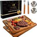 Acacia Wooden Steak Plates Board for Eating Set of 2,15.7" Meat Cutting Boards for Steak Food Serving Tray with Fork, Knife & Ramekins,Charcuterie Platter for Kitchen, BBQ & Entertaining