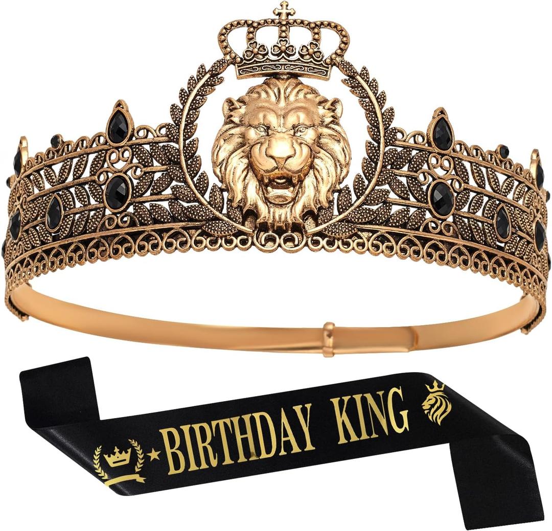 King Crown and Birthday Sash, King Crown for Men,Gold Men's Tiara Prince Diadem,Royal Medieval Cosplay Birthday Prom Halloween Hair Accessories