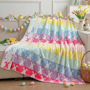 Buryeah Easter Bunny Throw Blanket Spring Reversible Knit Rabbit Blanket Cute Colorful Bunny Easter Decorations for Home Decor Indoor, Spring Soft Gifts 50x60 Inches