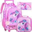 3PCS Rolling Backpack for Girls Kids Unicorn Wheeled Bookbag