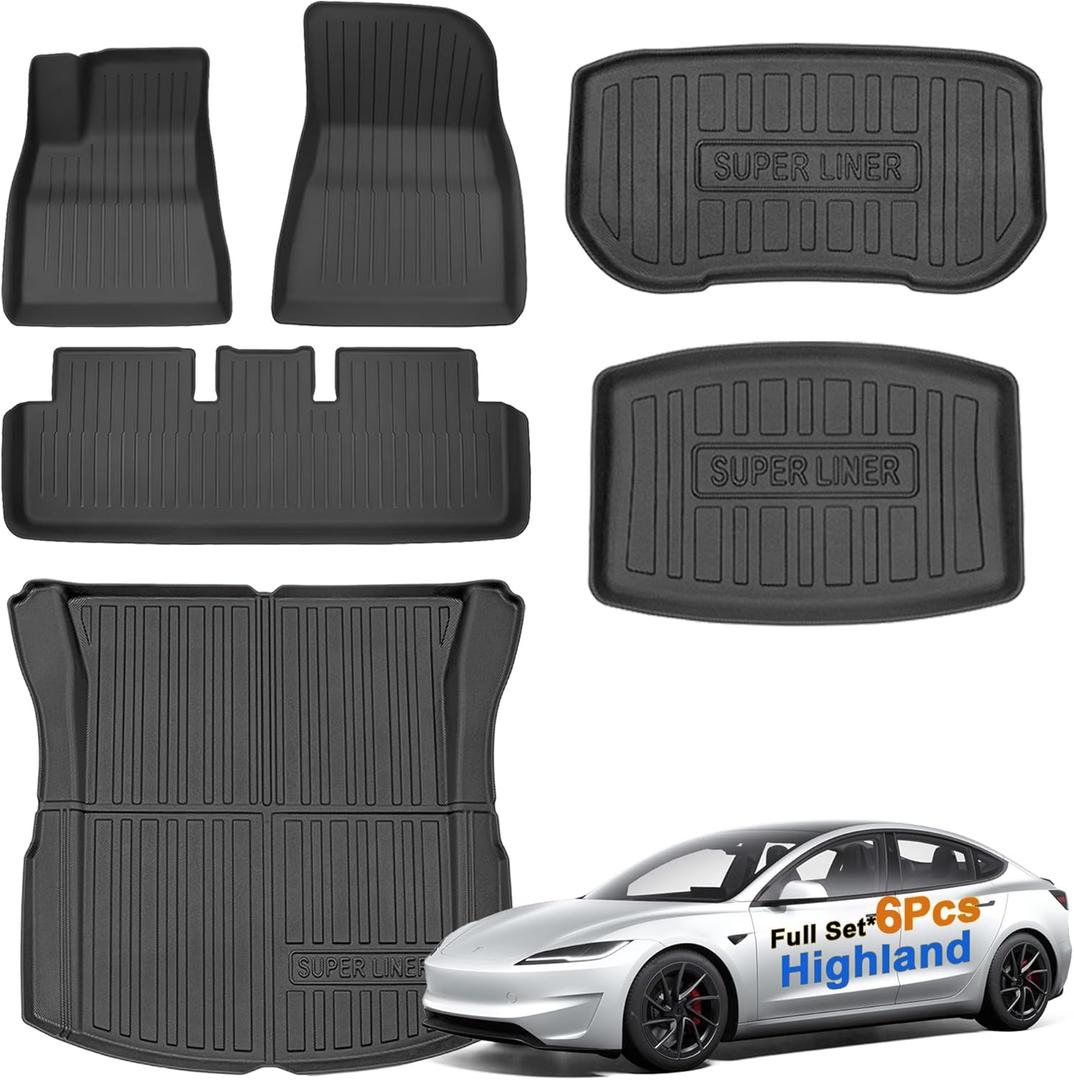 SUPER LINER Tesla Model 3 Floor Mats 2025 2026 2024 | Custom Fit All-Weather 6-Piece Set TPE Material| Tesla Model 3 Highland Floor Mats&Cargo Liner, Trunk&Interior Accessories