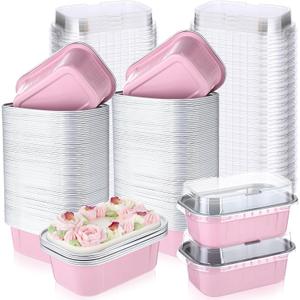 Vesici 100 Sets Valentines Mini Loaf Pans with Lids, 5.7 oz Disposable Aluminum Foil Baking Cups, Rectangle Cake Pans for Pudding Desserts Muffin Baking Storage Valentines Birthday Party(Pink)