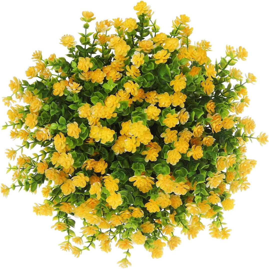 Momkids 4 Pcs Sprlng Artifical Flower Outdoor UV Resistant Fake Plant Faux Plastic Floral Greenery Shrubs Hanging Plant Plantr for Home Office Balcony Window Box Garden Party DecorationYellow (4 Bunches)