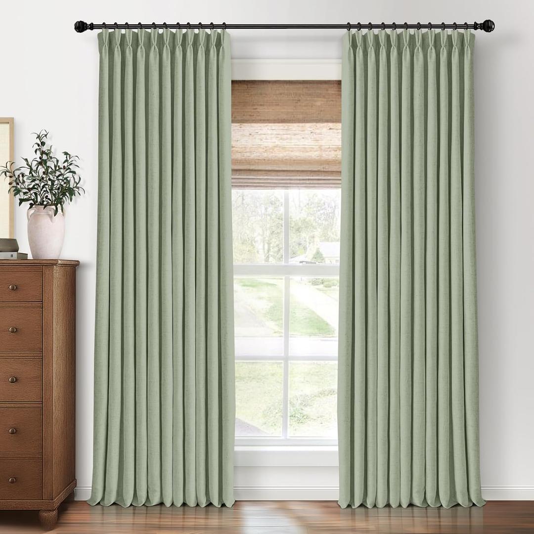 Pinch Pleated Curtains Blackout, Linen Blackout Curtains 96 inches Long 2 Panels Set for Bedroom, Thermal Insulated Pinch Pleated Drapes for Living Room, 40"W x 96"L (Pack of 2), Light Sage