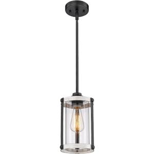 Farmhouse Pendant Light Fixtures, 1-Light Rustic Oak White Pendant Light Fixtures, Mini Glass Hanging Lighting with Rod for Kitchen Island Bar Bedroom, Adjustable Length, OS-3015