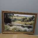 Vintage Gold Framed River Wall Art Green Nature Landscape Canvas Prints Rustic Rural Wildflower Poster Farmhouses Lakes Scenery Picture for Living Room Bedroom Bathroom Office Wall Decor 24x16in