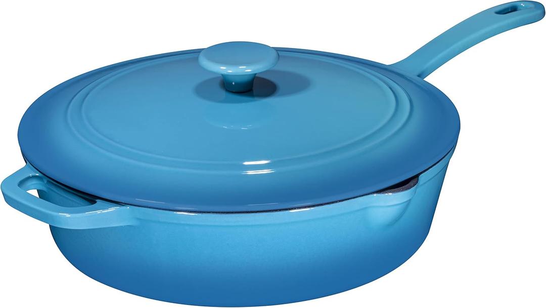 Bruntmor 5 Qt Cast Iron Skillet with Lid Turquoise Enameled Non Stick Frying Pan for Casserole, Sauting, and Grilling - Durable Handle Cookware for Easy Use