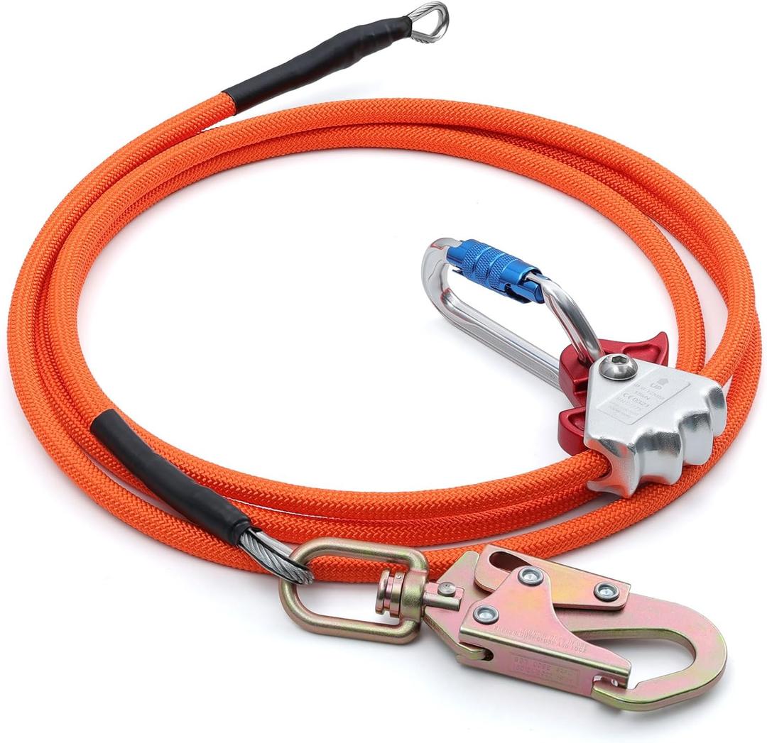 Flip Line Tree Climbing Rope 1/2" X 12ft Steel Core Flipline with Triple Lock Carabiner Adjuster Steel Swivel Snap for Fall Protection,Better Grab,Cut Resistant,Climbing Tree Equipment