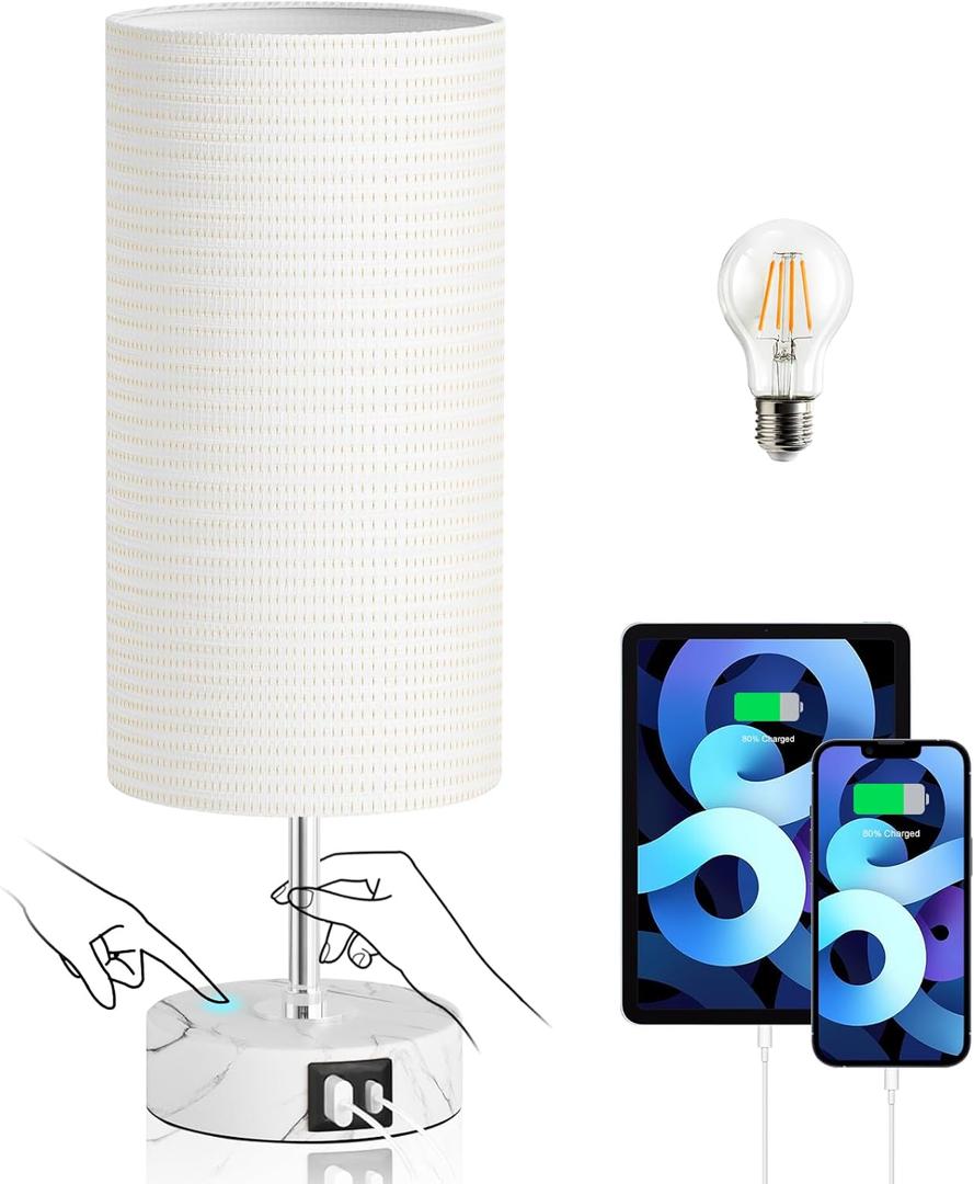 3-Way Dimmable Bedside Touch Lamp - USB-C and USB-A Ports, Faux Marble Base, White Shade with Silver Thread, Includes 8W LED Bulb for Bedroom, Living Room, Desk 3-Way Dimmable Bedside Touch Lamp - USB-C and USB-A Ports, Faux Marble Base, White Shade with Silver Thread, Includes 8W LED Bulb for Bedroom, Living Room, Desk