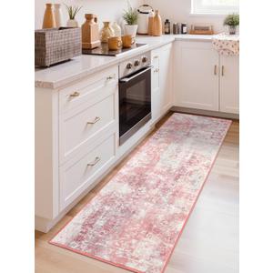 Macgace Washable Abstract Runner Rug, 2x6 Modern Area Rugs with Non-Slip Rubber Backed for Kitchen, Thin but Soft Contemporary Carpet Bedroom Entryway Hallway Decor, Pink