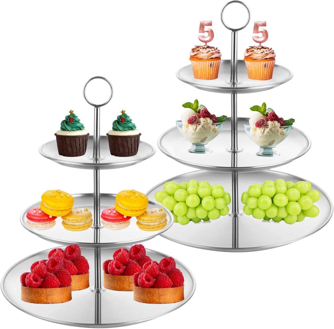 2PCS Silver Cupcake Stand 3 Tiered Dessert Stand Stainless Steel Cupcake Display Stand Party Serving Trays Silver Cake Holder for Holiday Dessert Table Decorations Birthday Wedding