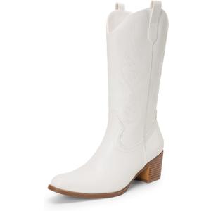 DREAM PAIRS Women's Square Toe Cowboy Mid Calf Western Boots (10, White-pu)