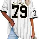 Oversized Jersey Shirts for Women V Neck Tshirt Striped Number Graphic Shirt Casual Y2k Streetwear Tee Tops (Large, B-black(mesh))