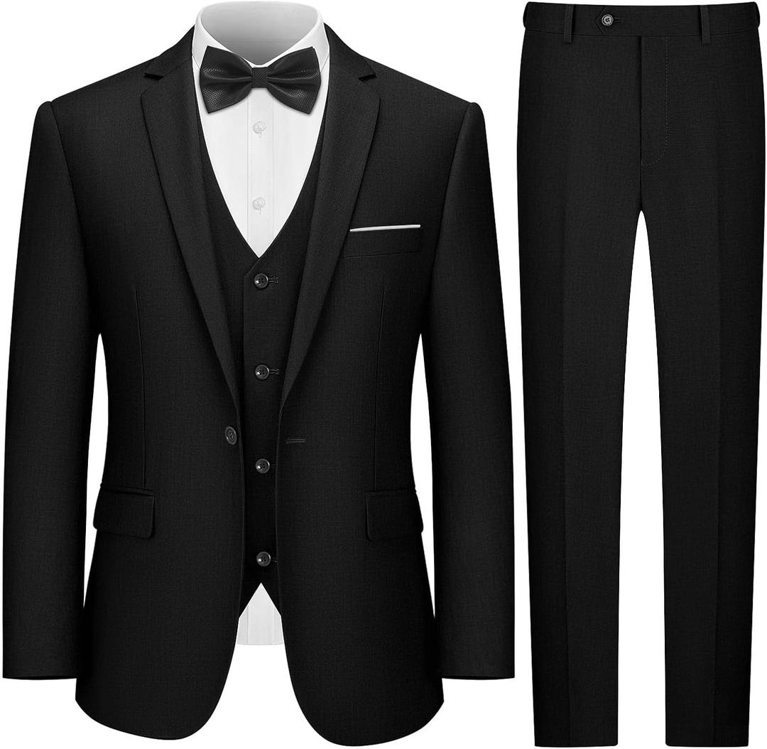 LUPURTY 3 Piece Suits for Men, Men's Suit Slim Fit, Business Solid One Button Single Breasted Tuxedo Blazer Vest Pants Set, Black M