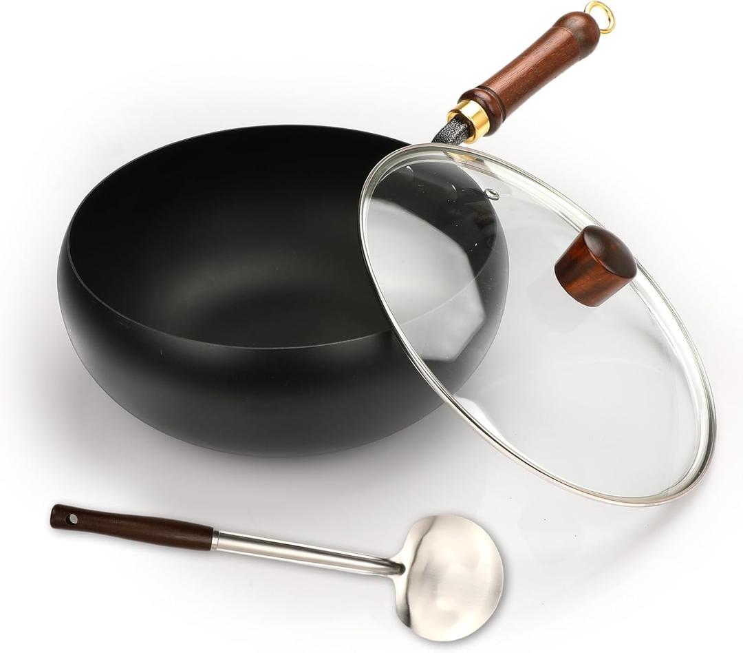 Suntuup Japanese Iron Pan, Uncoated Non-Stick Frying Pan, 11 Inch Stir Fry Pan for Cooker Gas with Glass Lid and Spatula, Durable and Rust-Free