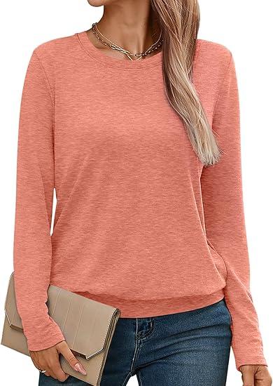 Micticsi Womens Long Sleeve Shirts Casual Banded Hem Tops Basic Tees Spring Outfits Clothes 2026 3 Sustainability Features Coral, Large
