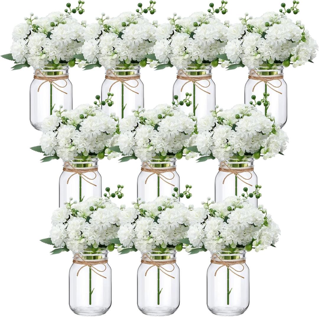 XunYee 10 Set Mason Jar Table Centerpiece with Flower Mason Jar Flower Centerpiece Vases Decor for Engagement Party Bridal Shower Centerpieces Wedding Reception Table Decor(Hydrangea)