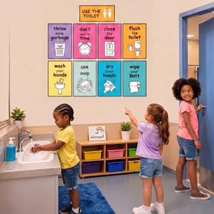 3 x Mooliwe 9 Pcs Bathroom Rules Posters 12 Inch Potty Training Walls Chart Signs Visual Bathroom Decor Step by Step Handwashing Potty Training Guide with Adhesive Dots for School Home Washroom