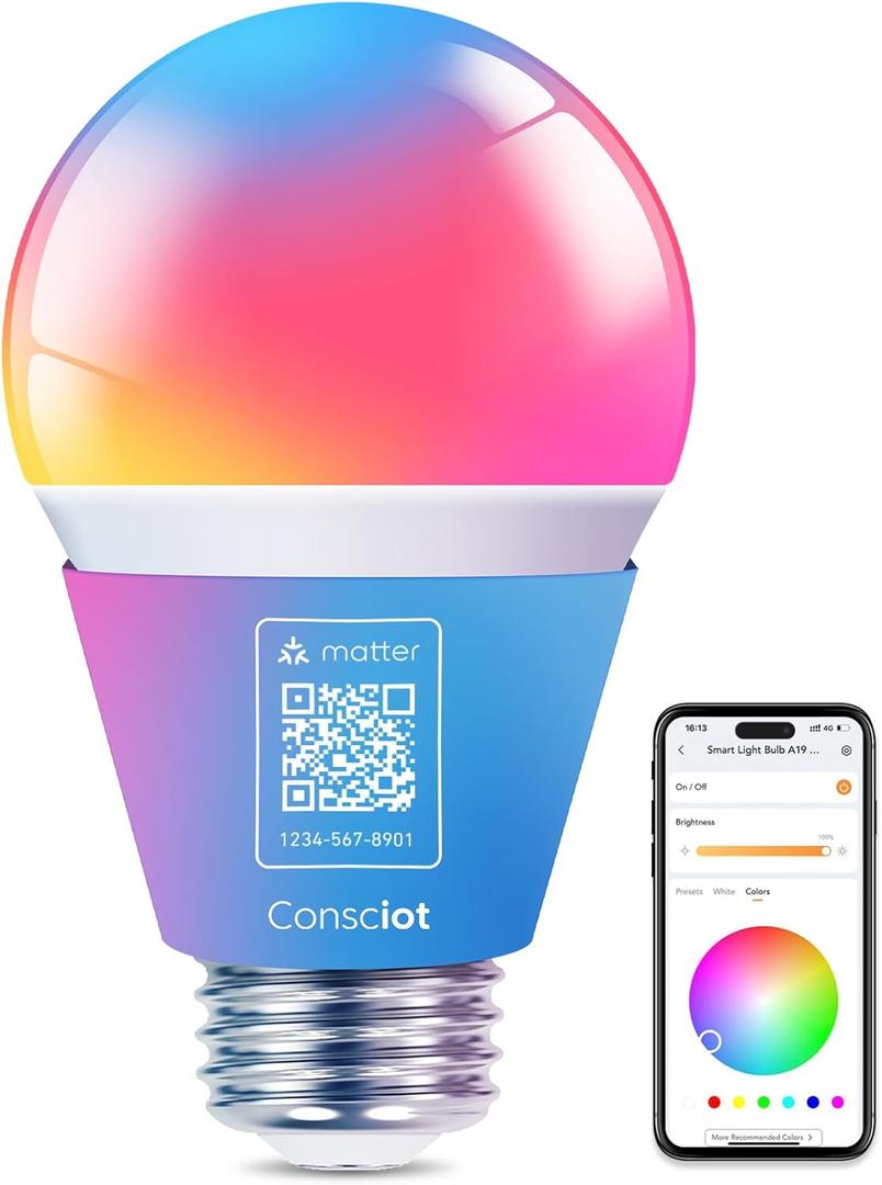 Consciot Smart Light Bulbs, WiFi Color Changing LED Light Bulb, A19 E26 RGBTW Light Bulbs that Works with Alexa/Google Home/Apple Home/Siri, Music Sync, 60W Equivalent Bluetooth Light Bulb, 1 Pack