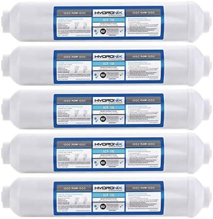 Hydronix 5 Pack ICF-10 Reverse Osmosis Post Polishing, Fridge & Ice Inline Coconut GAC Water Filter, 2000 Gal 1/4" NPT