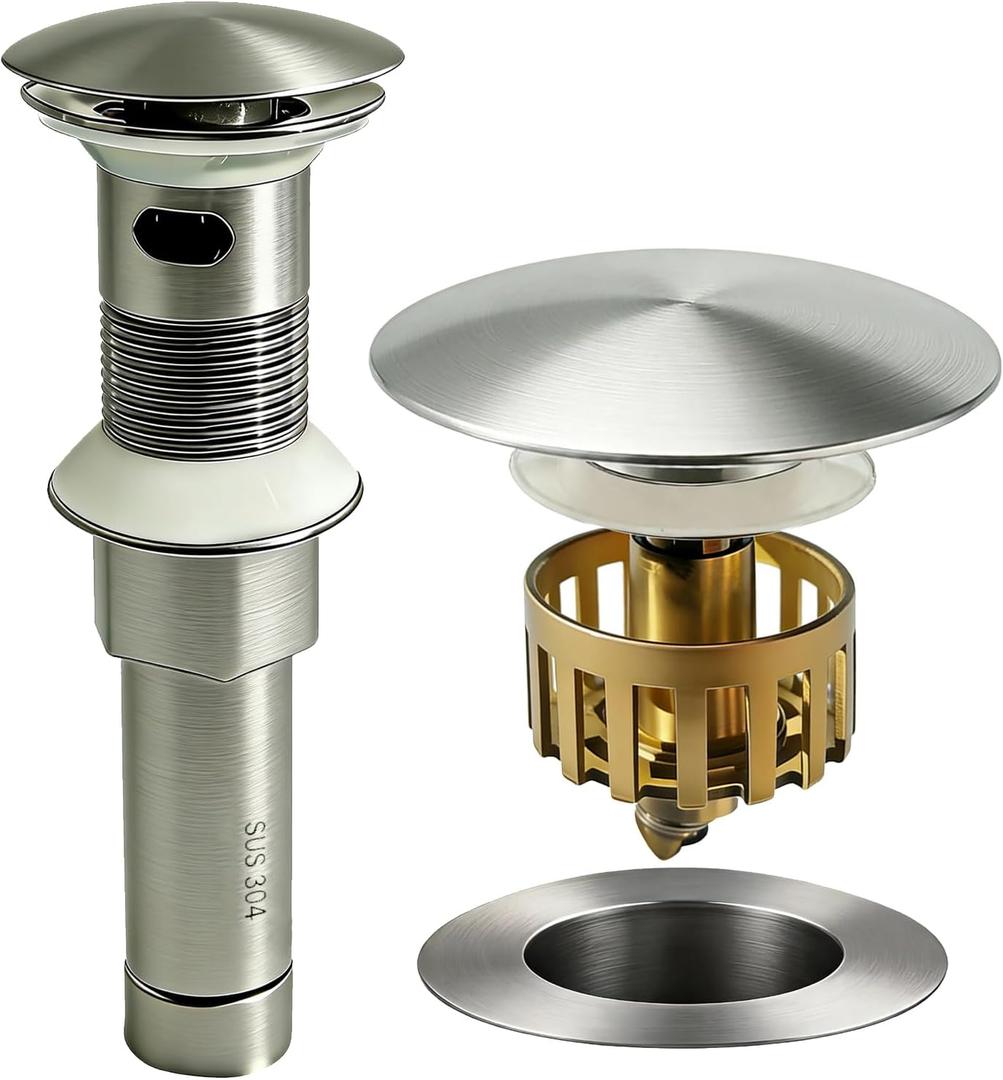 Bathroom Sink Drain, with Overflow, Pop up Sink Drain Stopper with Strainer Plug for Vessel Sink Lavatory Vanity, SUS 304 Stainless Steel, Brushed Nickel
