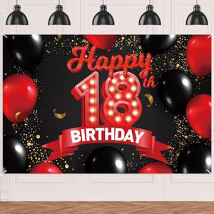 Happy 18th Birthday Red and Black Banner Backdrop Balloons Theme Decor Decorations for Girls Women Princess 18 Years Old Birthday Party Bday Supplies Photo Booth Props Background Favors Glitter Gold