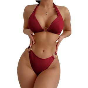 SweatyRocks Women's Ring Linked Halter Push Up Bikini Swimsuit High Stretch Bathing Suit Swimwear Set Swimming Suit Two Piece (Medium, Burgundy)